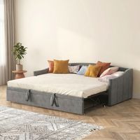 Canapé lit convertible 90x190/180x200 cm, lit gigogne extensible, banquette lit velours avec sommier à lattes, gain de place, Gris