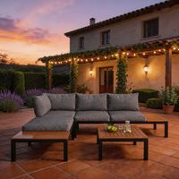 Outdoor Patio Backyard Furniture Garden Lounge Set for 4 people, Space Saving Thick Quality L-Shaped Corner Sofa with Wooden Table, Grey