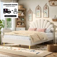 Letto matrimoniale 140x190 cm in stile principessa - Testiera fiorita - tessuto in velluto - stile scandinavo - base a doghe - letto imbottito per adulti - Beige