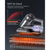 Aspirateur Matelas Anti Acariens, 2 Vitesses (14 kPa/18 kPa) Aspirateur à Main avec Détection de poussière via Green Light, Lumière UV-C, écran LED, Filtre HEPA, Chaleur à 65°C pour Matelas,Textiles
