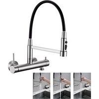 Detbom – Mitigeur mural de cuisine avec douchette extractible 3 jets – Acier inox brossé – Rotation 360° – Entraxe 150 mm – Débit 9 L/min