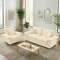 Sofa-Set 2-teilig aus Chenille in Beige, Drehsessel + 2-Sitzer mit tiefen Sitzen