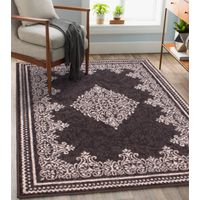 Traditional Poly Bordered Medallion Classic Dark Grey Rug Floor Mat Small 80 x 150 cm (2'6"x5'0")