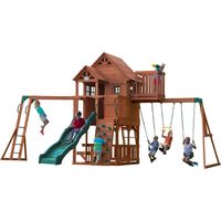 Backyard Discovery – Aire de jeux en bois Skyfort II – Portique balançoire avec mur d'escalade, toboggan 305 cm, trapèze, barre de singe – Pour enfants +3 ans