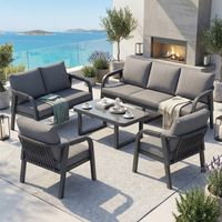 Gartenlounge - set, bietet - Platz fü r 7 Personen, 3-Sitzer-Sofa, 2-Sitzer-Sofa, 2 Sessel und 1 Couchtische, Tischplatte aus Glas, Gestell aus verzinktem Eisen, Design mit geflochtenem Seil