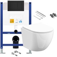 Gloss White Rimless D Shape Wall Hung Toilet with Low Height 0.75m Concealed Cistern Frame Set - Matt Black Plate