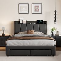 Lit boxspring 140 x 200 cm avec éclairage LED et port USB,lit rembourré avec rangement et sommier à lattes,lit double rembourré avec 2 tiroirs,cadre de lit avec rangement (sans matelas),gris foncé lin