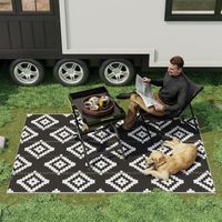 Tappeto Esterno per Balcone e Terrazza Reversibile con Fantasia Geometrica, 2.74x1.82 m, Nero e Bianco
