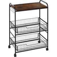 Carrito Auxiliar con Ruedas de 3 Niveles Carrito de Cocina con 2 Cestas y 4 Ganchos 60x38x85,5 cm Marrón Rústico