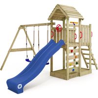 Aire de jeux WICKEY MultiFlyer - Toit en bois - Balançoire - Toboggan - Maison enfant extérieur - Bac à sable - Échelle d'escalade - Accessoires de jeux - Bleu