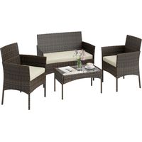 4 Piece Rattan Garden Furniture Sofa Set with Loveseat, Armchairs, Glass-Top Coffee Table and Cushions, Brown