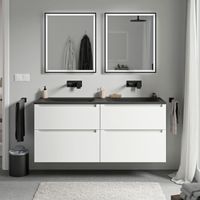 BERNSTEIN - Meuble double vasque suspendu MDF Blanc mat, lavabos fonte Noir mat sans trou robinet, tiroirs pivotants - 140x46x62cm - VIREO