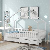 Letto per bambini in legno massello bianco 90x200 cm con 2 cassetti, barriera di sicurezza e rete a doghe