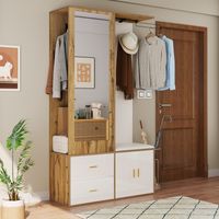 Armoire avec miroir, rangement pour chaussures, banc avec patères et penderie escamotable, Blanc et bois, 100x38x180cm
