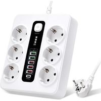 Regleta de 6 enchufes con puertos USB, regleta 12 en 1 con 5 puertos USB-A y 1 puerto USB-C, con interruptor, cable alargador de 2 m, 3000 W, regleta para oficina y hogar