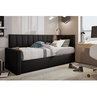 Lit Boxspring 100x200 cm TOKIO en tissu velours noir avec coffre et éclairage LED - gauche