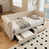 Cama Nido 90×200 cm, Cama Individual con 2 Cajones y Cabecero, sin Colchón, en Lino, Beige