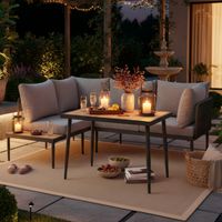 Salon de jardin d’angle gris avec table, acier galvanisé et bois composite