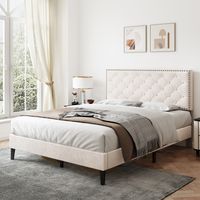 4FT6 Double Upholstered Velvet Bed Frame, with Adjustable Button-Tufted & Riveted Headboard, Velvet Platform Bed Frame, Easy Assembly, Beige