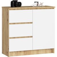 Kommode AKORD JERRY Eiche Artisan 80 cm Tür 3 Schubladen 2 Ebenen Front Weiß B80 x H77 x T35 cm
