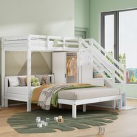 Struttura letto a castello 90/140x200cm letti matrimoniale per bambini, scala con contenitore, con armadio, legno e MDF, senza materasso, bianco