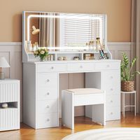 Neche – Coiffeuse élégante avec station de charge – Miroir LED 110 x 50 cm – 11 tiroirs – Panneaux de particules P2 – Blanc