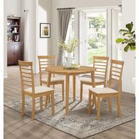 Hallowood Furniture Ledbury Small Dining Table and Chairs Set 4, Round Wooden Drop Leaf Table and Cream Fabric Ladder Back Padded Chairs, Extendable Dining Room Sets in Light Oak Finish