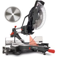 Practixx Scie à onglet PX-KZS-305PA – 2000 W – Lame de 305 mm 48 dents – Démarrage progressif – Plateau tournant – Tête de scie inclinable – Hauteur/longueur de coupe 180/340 mm – Laser
