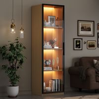 Vitrine LED 40x40x165 cm, meuble vitrine effet chêne en MDF avec porte en verre trempé, éclairage multicolore et soft-close