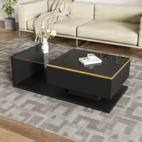 Mesa de centro de cristal con iluminación LED y espacio de almacenamiento abierto, mesa auxiliar para salón y dormitorio, 100x50x32cm, negra