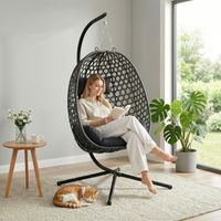 WOLTU Hängesessel mit Gestell, Hängekorb Sessel mit Sitzkissen und Kopfstütze, PE-Rattan Hängestuhl bis 150 kg belastbar, für Indoor und Outdoor, Schwarz