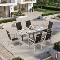 Ensemble Table Chaise Jardin 6 personnes,Table Jardin Chaise en Aluminium,6 Chaises Jardin Accoudoirs Imitation Bois et 1 Table Jardin Extensible,Imperméable, Antirouille,Tout Temps,Gris Clair