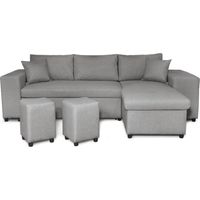 Canapé d'angle réversible MADY avec coffre, accoudoir étagère et poufs gauche en tissu gris clair