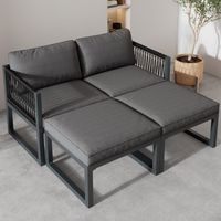 Salon de Jardin 4 Places en Métal et Tissu avec 2 Fauteils et 2 Tabourets et Coussins Épais, Gris