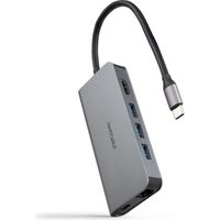 Nanocable 8-in-1 USB-C Hub, USB-C 3.1 auf 3xUSB-A 3.0 Konverter + HDMI 4K@60Hz + USB-C PD + RJ45 1Gbps + TF + SD, Aluminium, Grau, 18 cm
