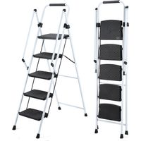 Escabeau, tabouret escabeau pliable, avec larges marches antidérapantes, escabeau en acier, avec poignée antidérapante de sécurité, tabouret escabeau en acier portable léger 330 pound, blanc, 5 marche