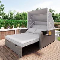 Meubles de jardin en polypropylène tressé pour 2 personnes, sofa d'extérieur, sofa de relaxation, avec auvent détachable. Matériaux : polypropylène tressé et mousse, couleur kaki.