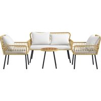 Ensemble salon jardin 4 pièces, canapé 2 places + 2 fauteuils + 7 coussins + table basse ronde, résine tressée - Mobilier complet balcon