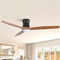 Sofucor Ventilateur de plafond moderne 132 cm à montage affleurant, avec lumière et télécommande, 3 pales en bois massif – Noir/Brun
