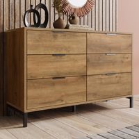 Cómoda 120x40x76cm 6 cajones, tablero de partículas estructura metálica color roble oscuro