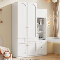 Armoire et meuble de rangement en MDF blanc, ensemble gain de place avec penderie, tiroirs et étagères, 80x50x200 cm + 50x40x180 cm