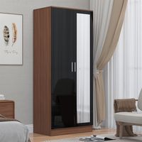 Reflect 2 Door Mirrored Wardrobe - Black Gloss & Walnut - Hanging Rails & Shelves - Modern Sleek Design