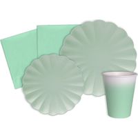 Kit Party Tavola Flower Shape per 8 persone (44 pezzi: 8 piatti Ø23cm, 8 piatti Ø18cm, 8 bicchieri 200ml, 20 tovaglioli 33x33cm) in carta compostabile eco-friendly, verde menta