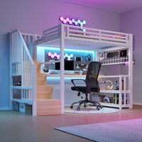 Cama alta infantil de 90x200 cm con escritorio, luz LED, puerto USB-C, escalera de almacenamiento, metal blanco