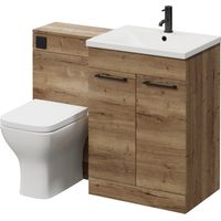 Napoli 460 Tobacco Oak 1100mm 2 Door Vanity Unit Toilet Suite with Glide Basin - 1100mm - Matt Black 160mm HandleWith Kingston Toilet Pan and Seat