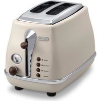 Grille Pain - Toaster Electrique - Delonghi - Icona Vintage - 2 tranches - 6 positions - Beige brillant / Base et poignée Chocolat