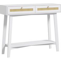 Consola Recibidor Mesa de Entrada con 2 Cajones de Diseño de Ratán y Estante Abierto para Pasillo 100x30x81 cm Blanco