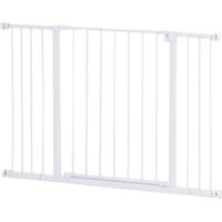Pawhut – Barrière de sécurité pour chien – Réglable 76-107 cm – Montage sans perçage – Métal blanc – Ouverture d'une main – 2 rallonges incluses