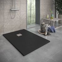 Mineralguss-Duschwanne extra flach SIERRA Schieferoptik Schwarz 90x150 cm Ablaufschutz in Chrom