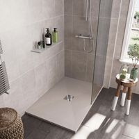 Mineralguss-Duschwanne extra flach DEXA Schieferoptik BEIGE 80x80 cm Ablaufschutz in Chrom